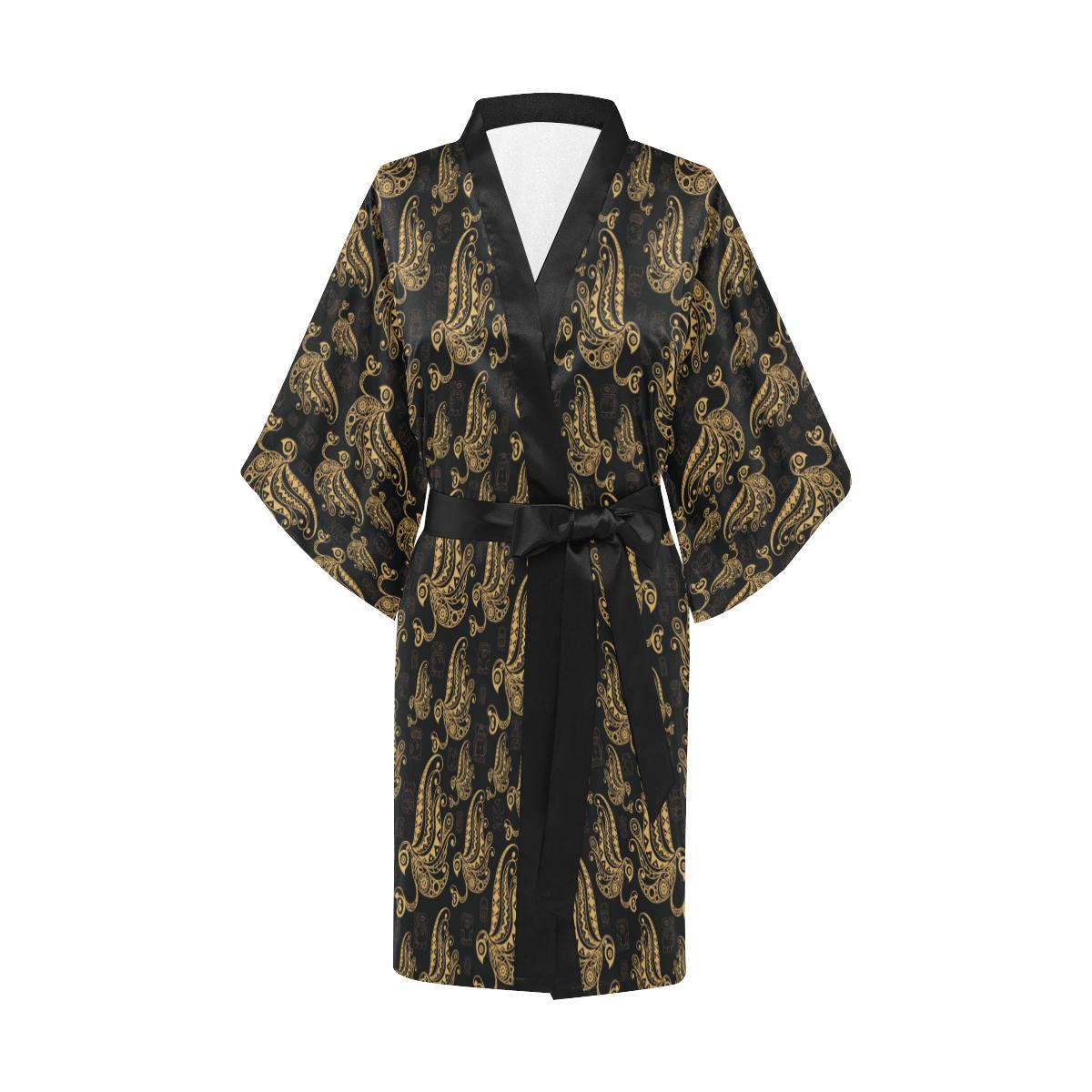 Owl Tribal Polynesian Design Print Women Short Kimono Robe