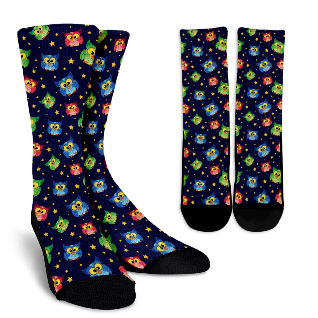 Owl with Star Themed Design Print Crew Socks