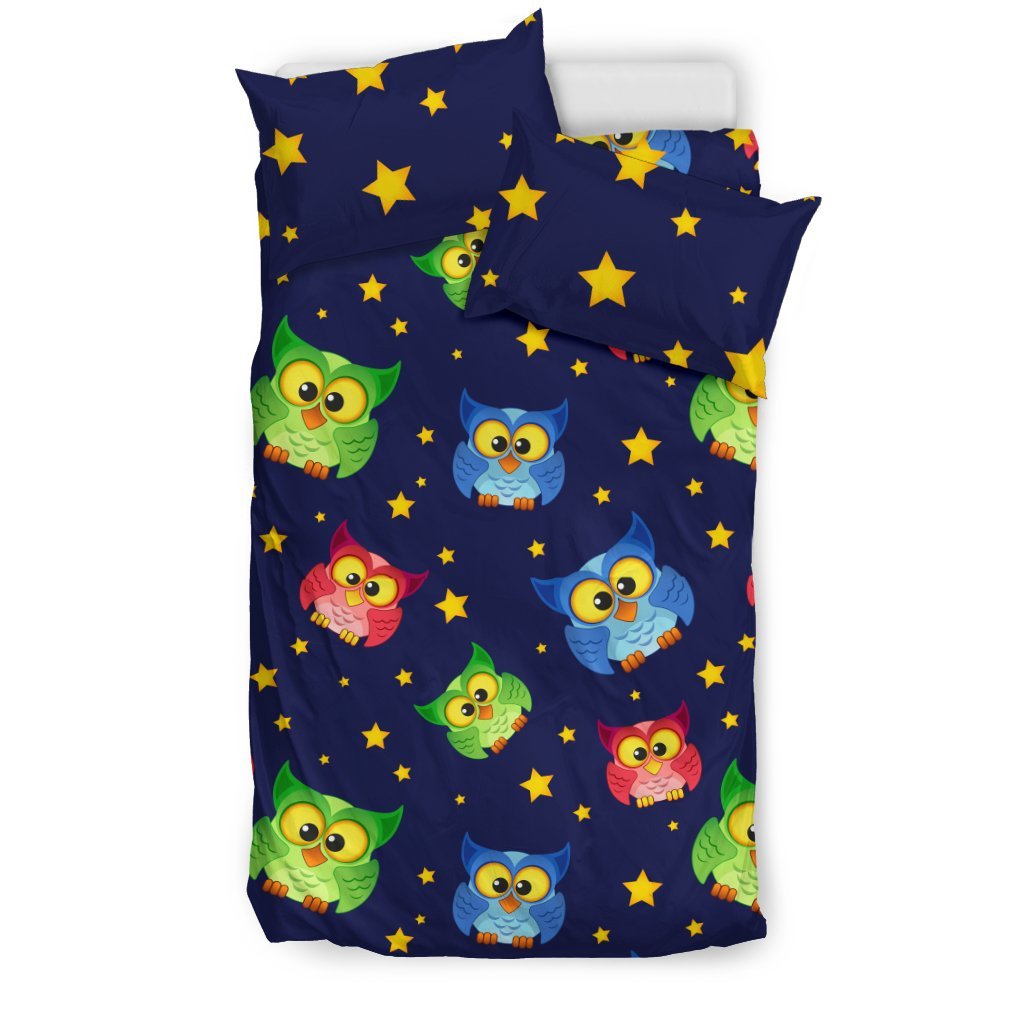 Owl With Star Themed Design Print Duvet Cover Bedding Set