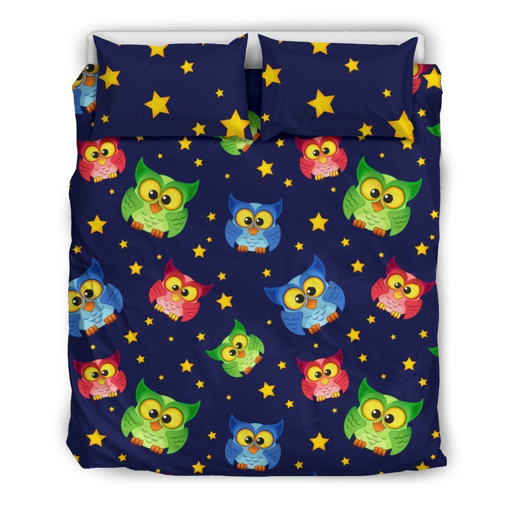 Owl With Star Themed Design Print Duvet Cover Bedding Set