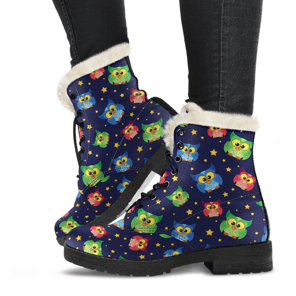 Owl with Star Themed Design Print Faux Fur Leather Boots-JTAMIGO.COM