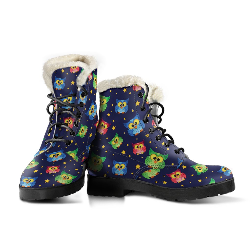 Owl with Star Themed Design Print Faux Fur Leather Boots-JTAMIGO.COM