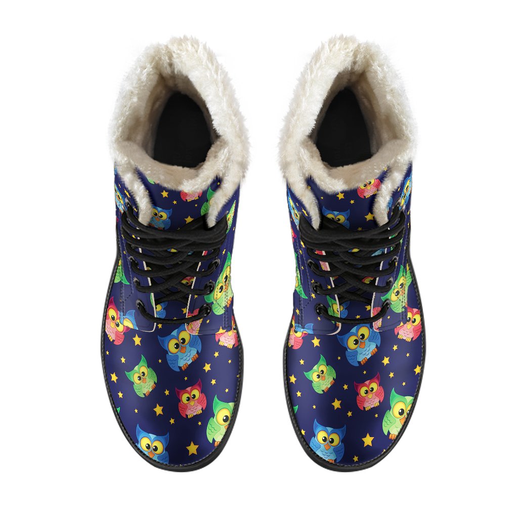 Owl with Star Themed Design Print Faux Fur Leather Boots-JTAMIGO.COM