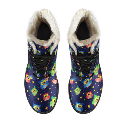Owl with Star Themed Design Print Faux Fur Leather Boots-JTAMIGO.COM