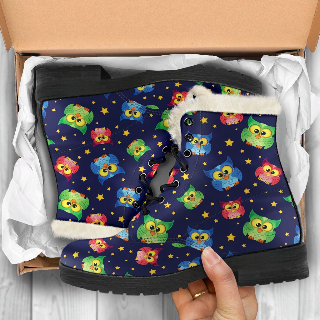 Owl with Star Themed Design Print Faux Fur Leather Boots-JTAMIGO.COM