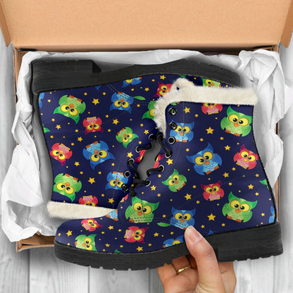 Owl with Star Themed Design Print Faux Fur Leather Boots-JTAMIGO.COM