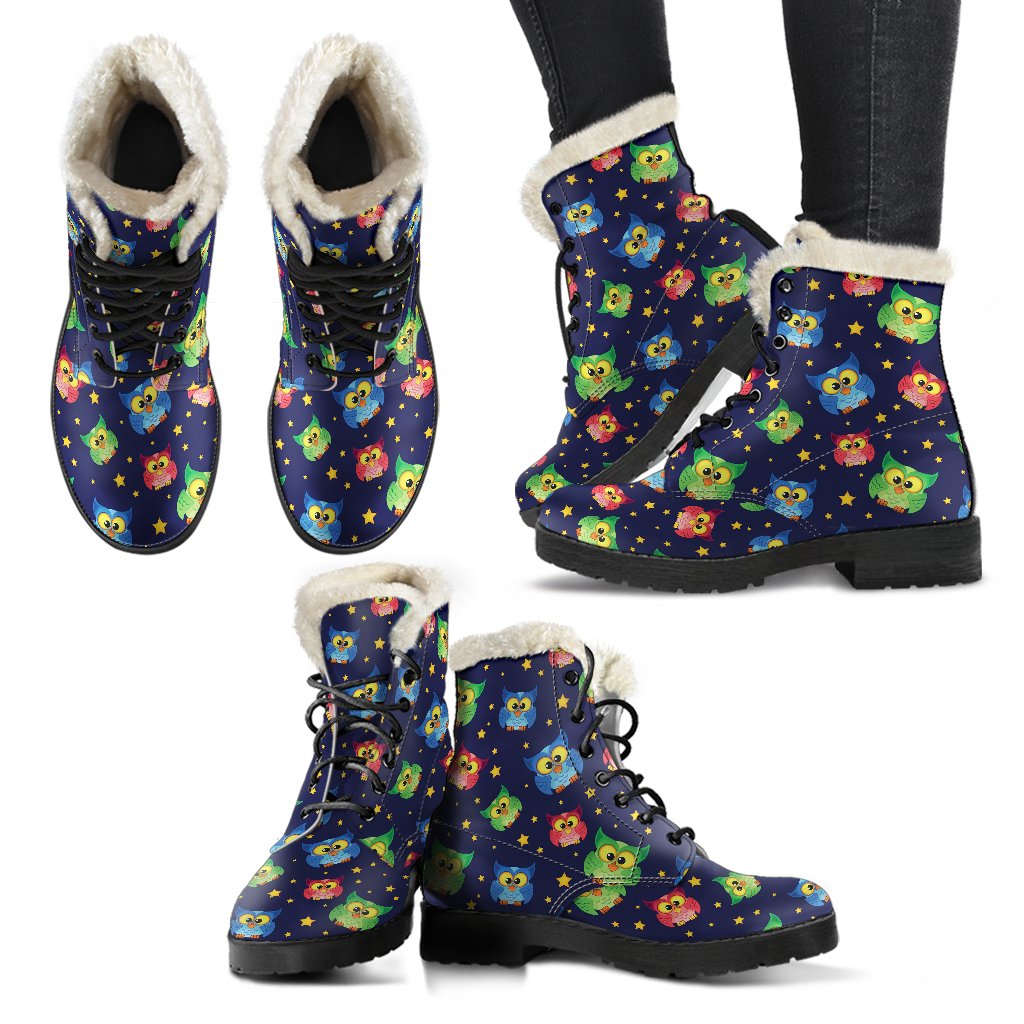 Owl with Star Themed Design Print Faux Fur Leather Boots-JTAMIGO.COM