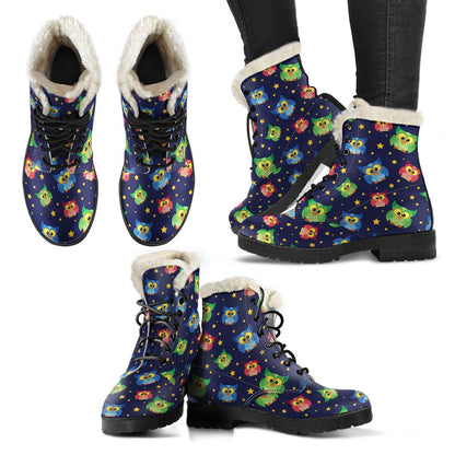 Owl with Star Themed Design Print Faux Fur Leather Boots-JTAMIGO.COM