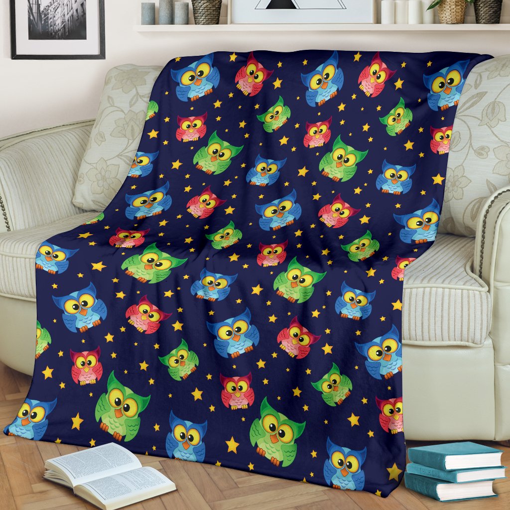Owl With Star Themed Design Print Fleece Blanket