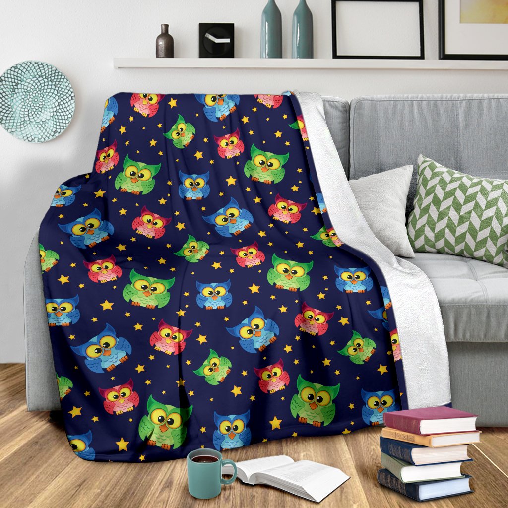 Owl With Star Themed Design Print Fleece Blanket