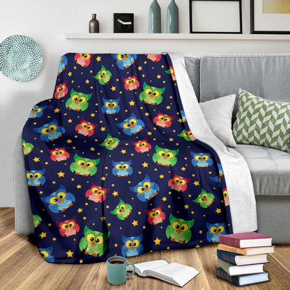 Owl With Star Themed Design Print Fleece Blanket