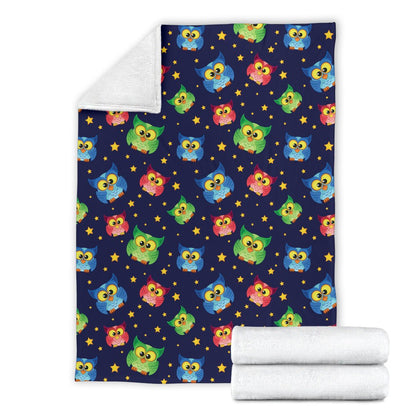 Owl With Star Themed Design Print Fleece Blanket