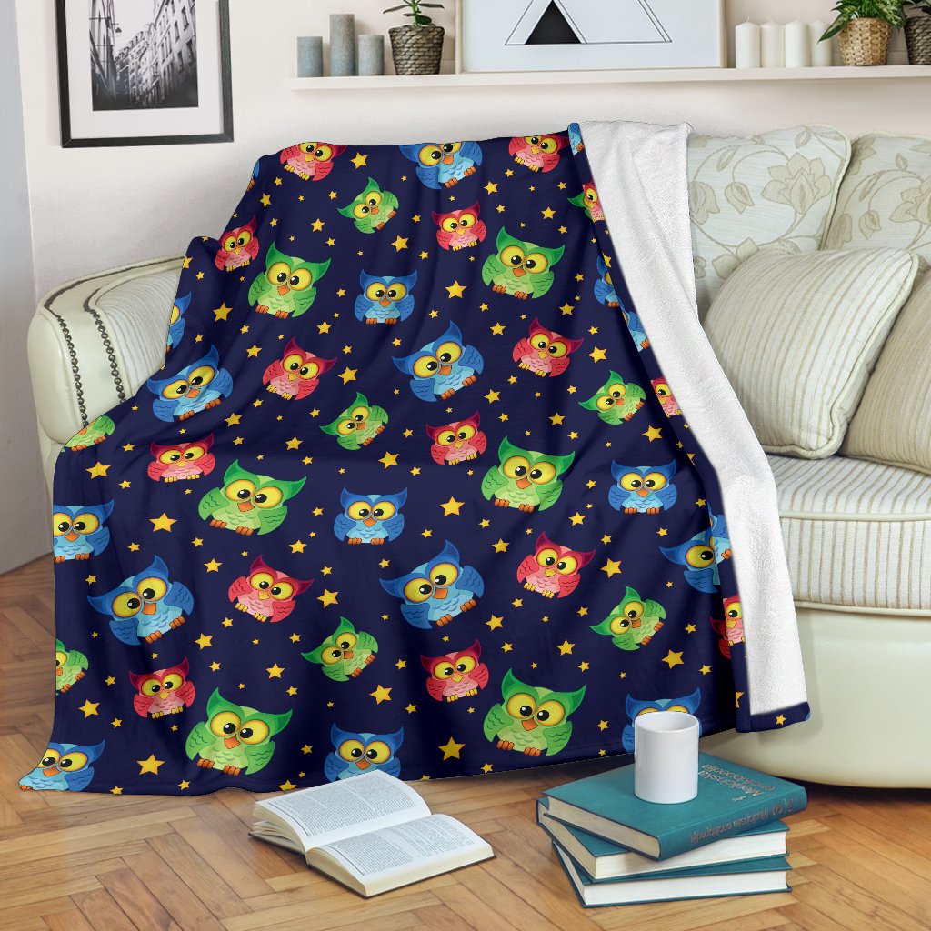 Owl With Star Themed Design Print Fleece Blanket