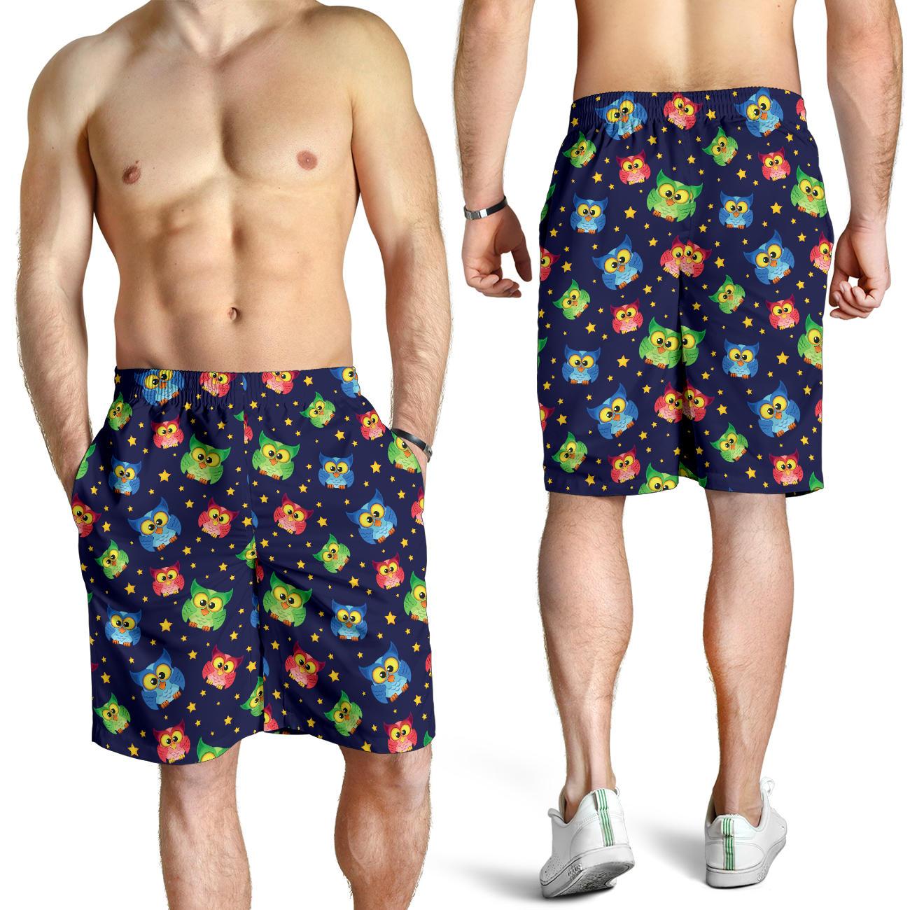 Owl with Star Themed Design Print Mens Shorts-JTAMIGO.COM