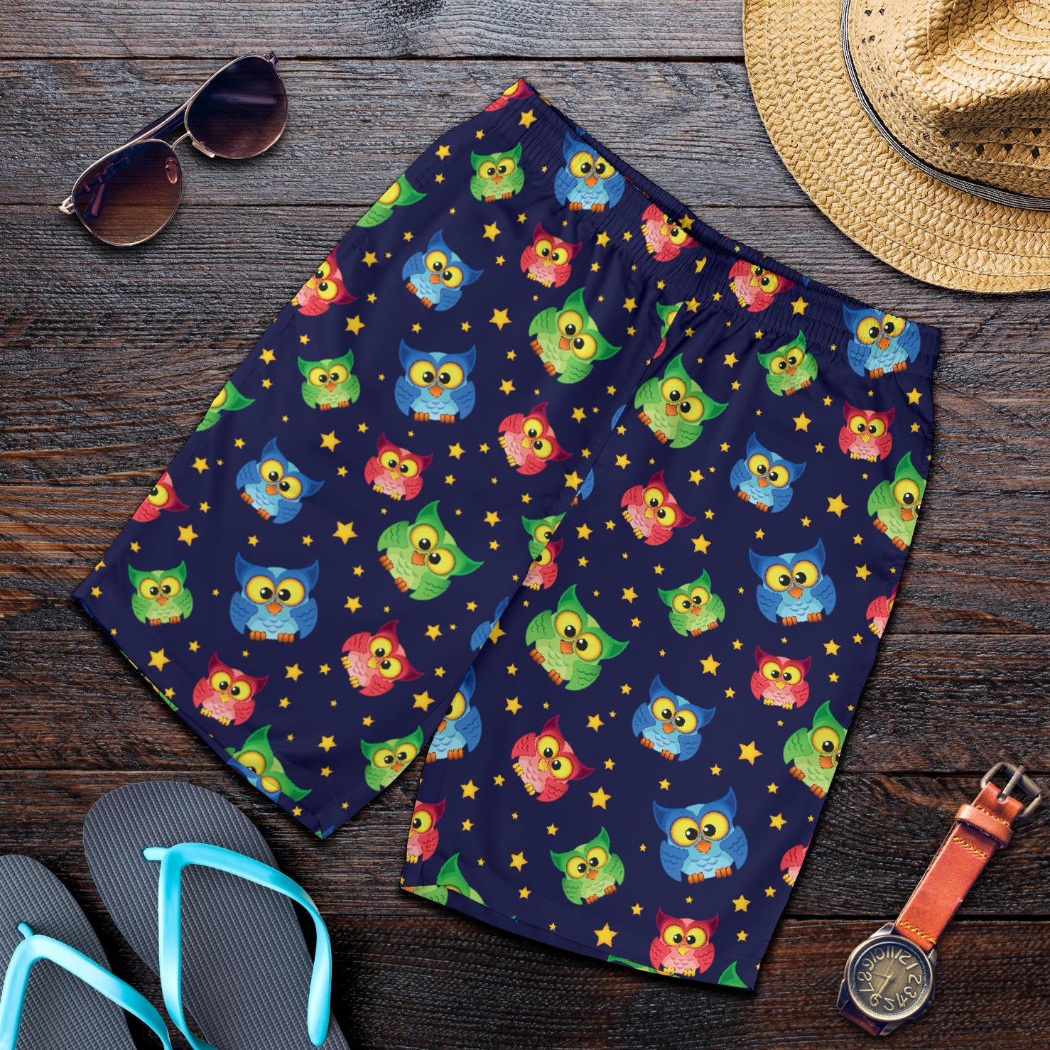 Owl with Star Themed Design Print Mens Shorts-JTAMIGO.COM