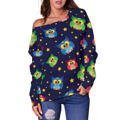 Owl with Star Themed Design Print Off Shoulder Sweatshirt