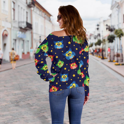 Owl with Star Themed Design Print Off Shoulder Sweatshirt