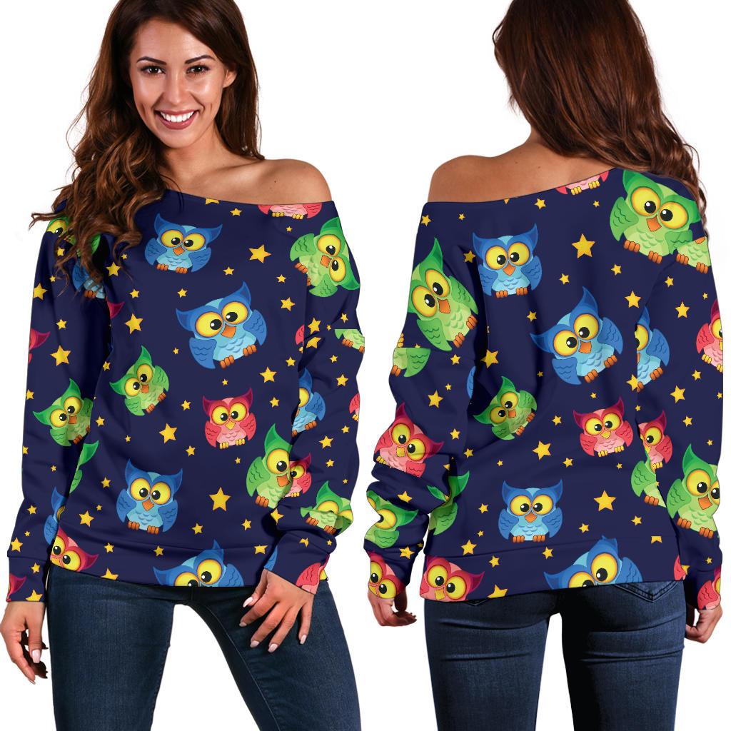 Owl with Star Themed Design Print Off Shoulder Sweatshirt
