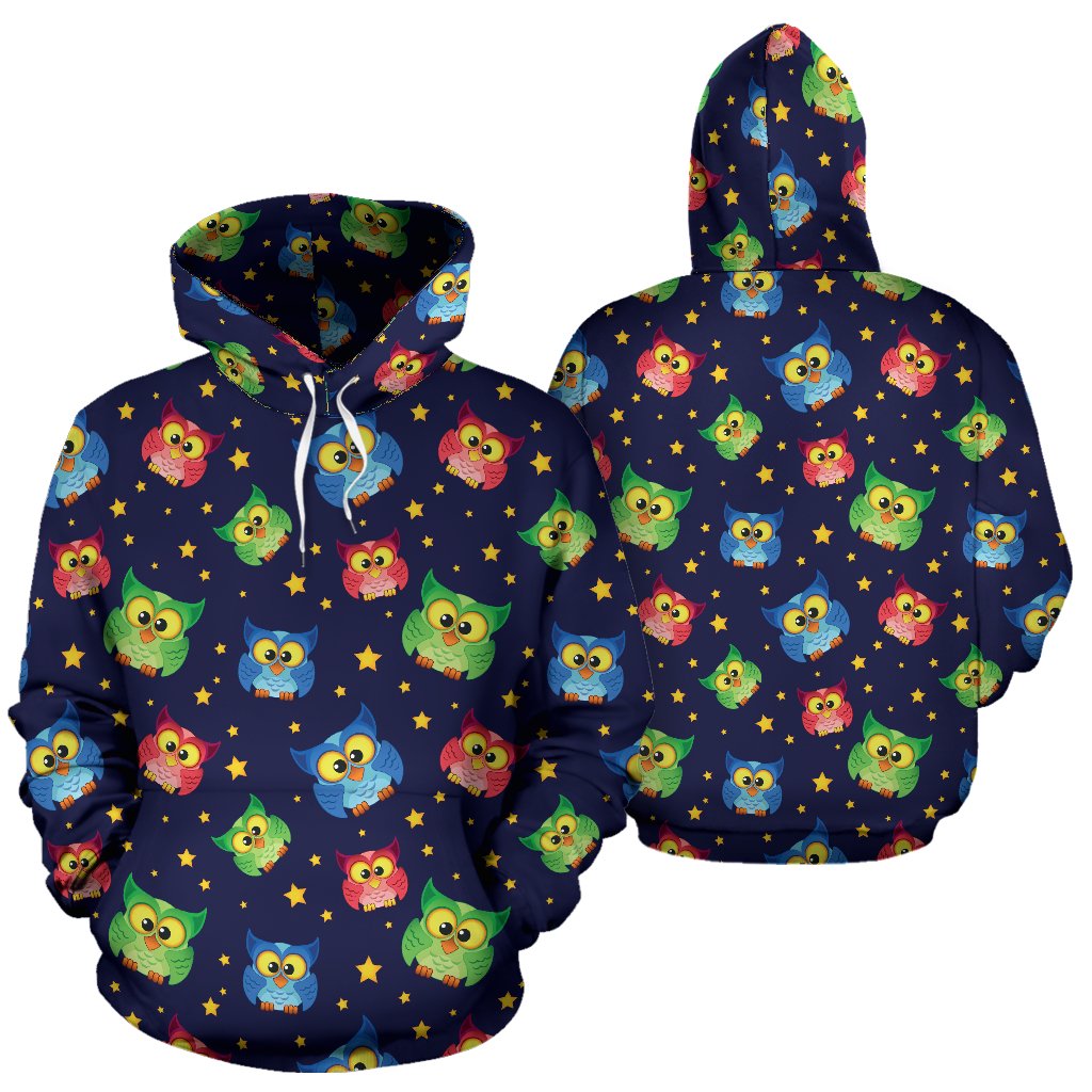 Owl with Star Themed Design Print Pullover Hoodie