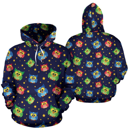 Owl with Star Themed Design Print Pullover Hoodie