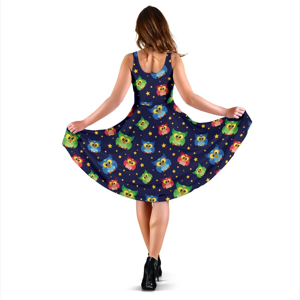 Owl With Star Themed Design Print Sleeveless Dress