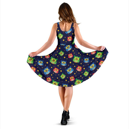 Owl With Star Themed Design Print Sleeveless Dress