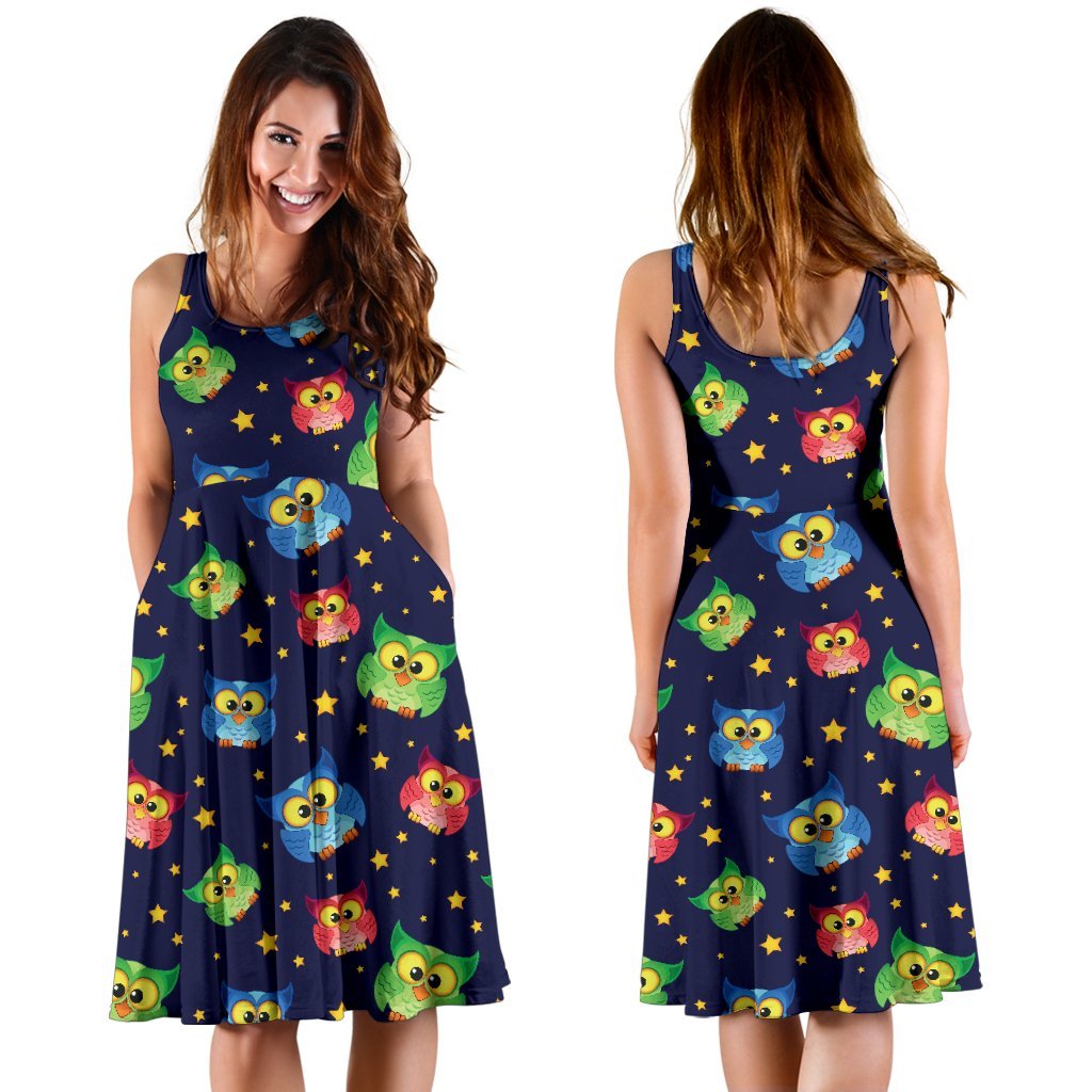 Owl With Star Themed Design Print Sleeveless Dress