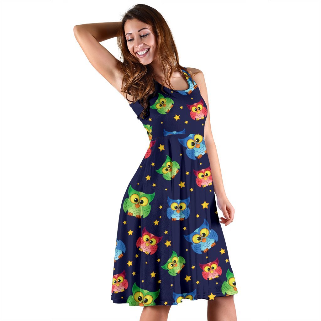 Owl With Star Themed Design Print Sleeveless Dress