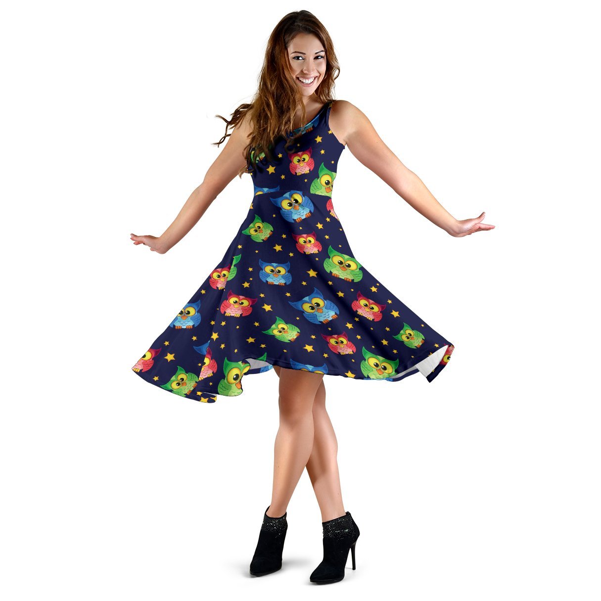 Owl With Star Themed Design Print Sleeveless Dress