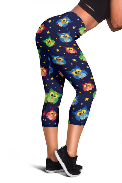 Owl with Star Themed Design Print Women Capris