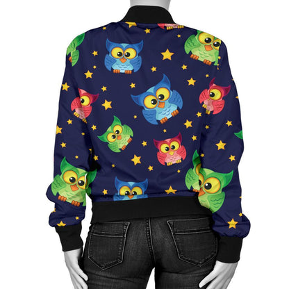 Owl with Star Themed Design Print Women Casual Bomber Jacket