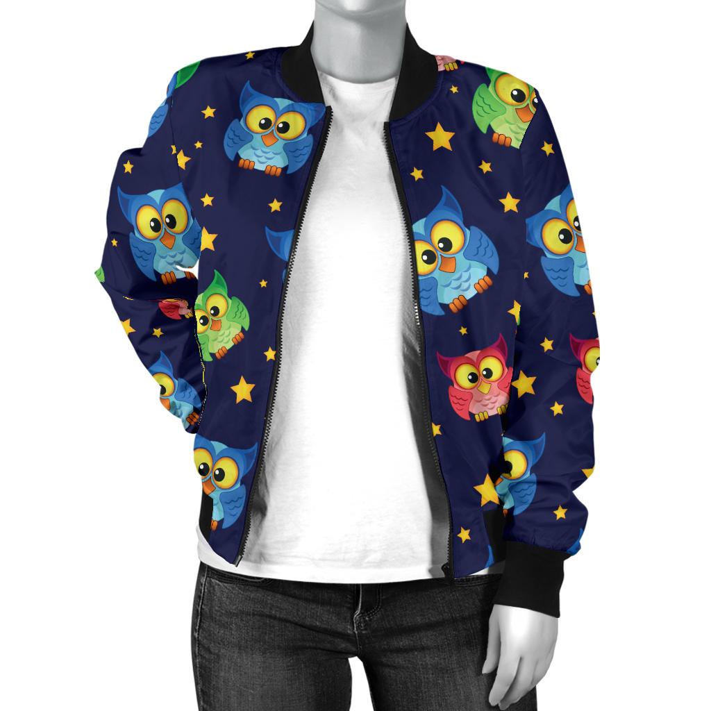 Owl with Star Themed Design Print Women Casual Bomber Jacket