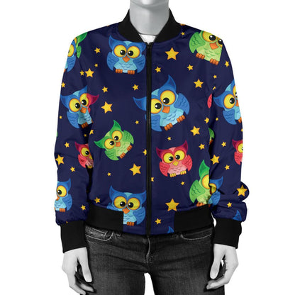 Owl with Star Themed Design Print Women Casual Bomber Jacket