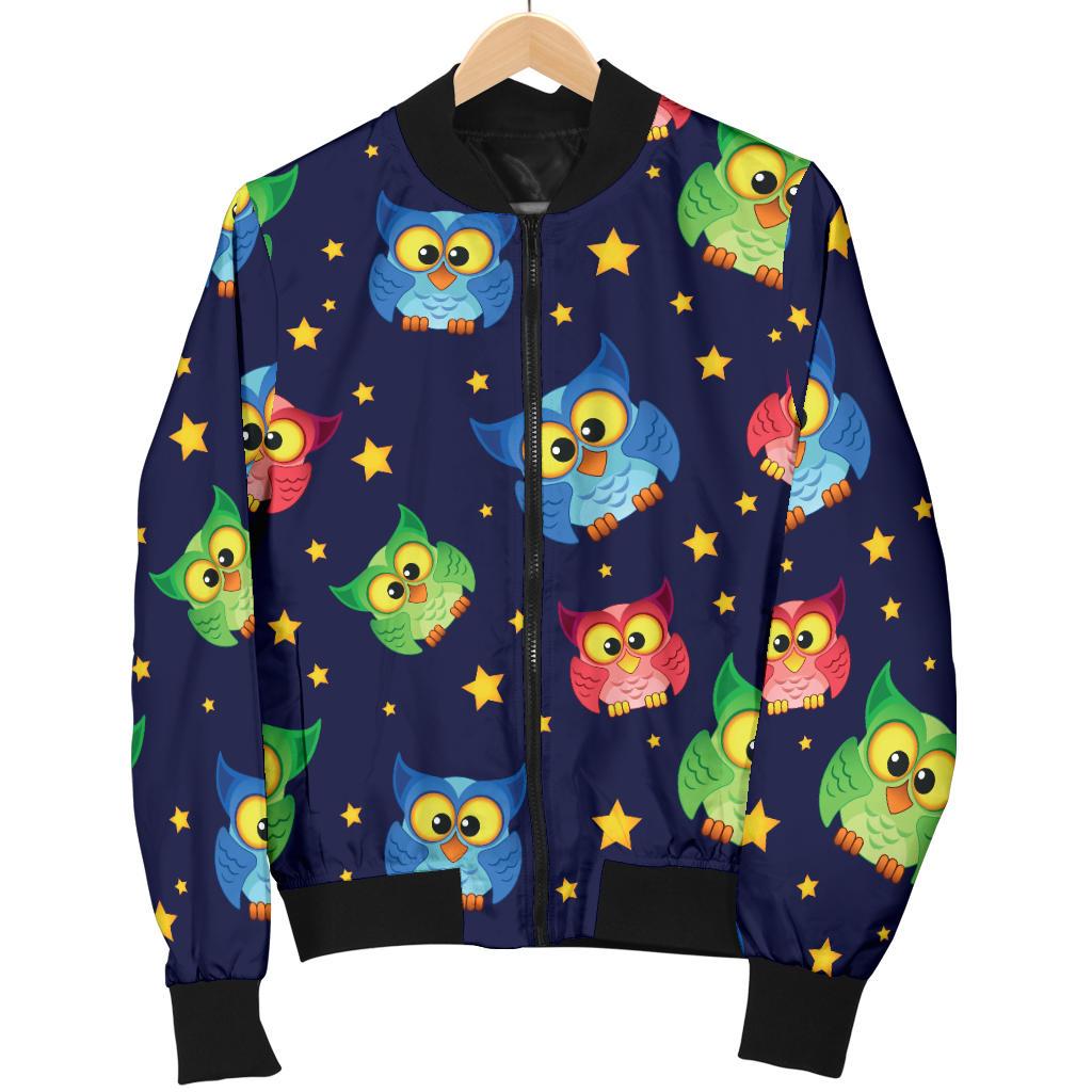 Owl with Star Themed Design Print Women Casual Bomber Jacket