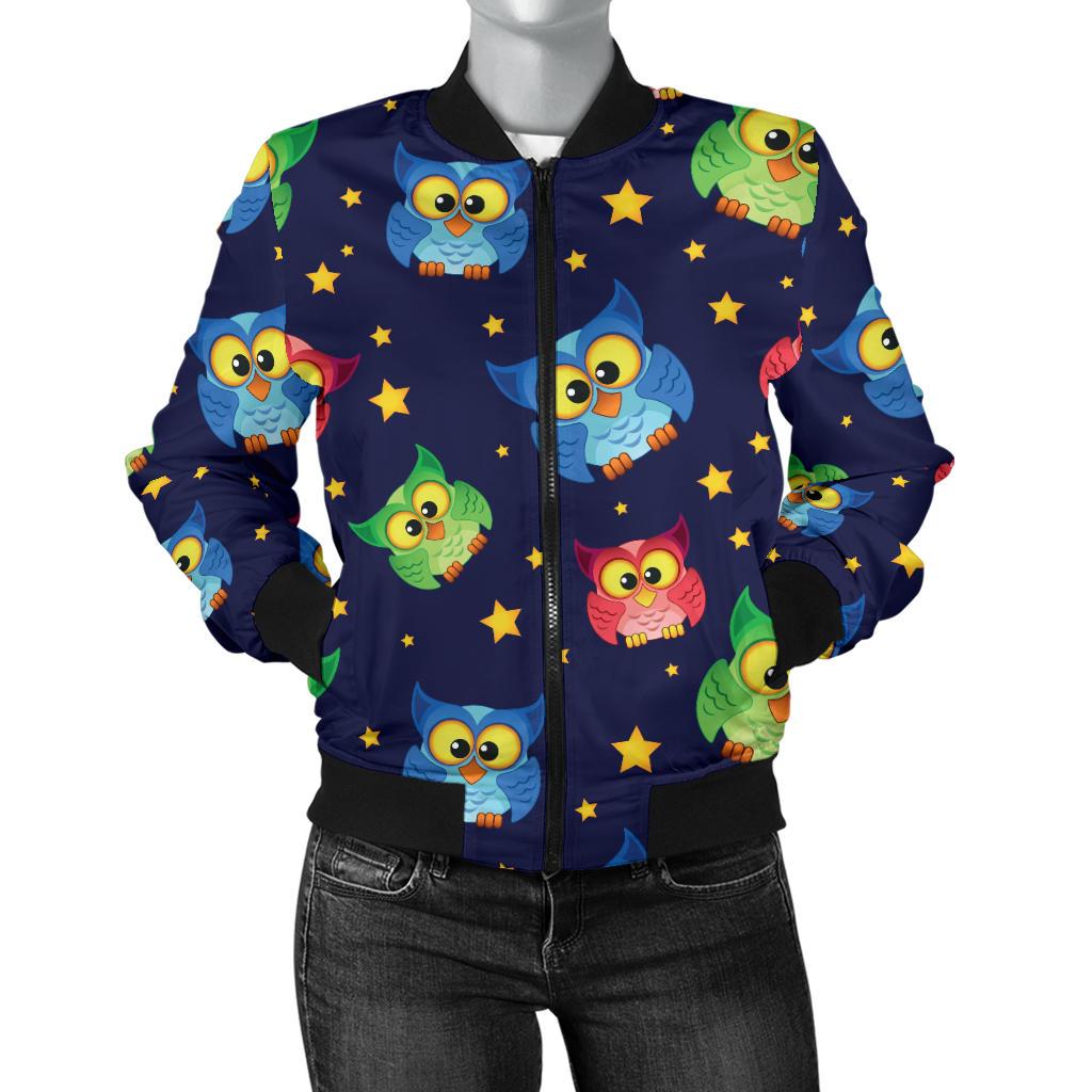Owl with Star Themed Design Print Women Casual Bomber Jacket