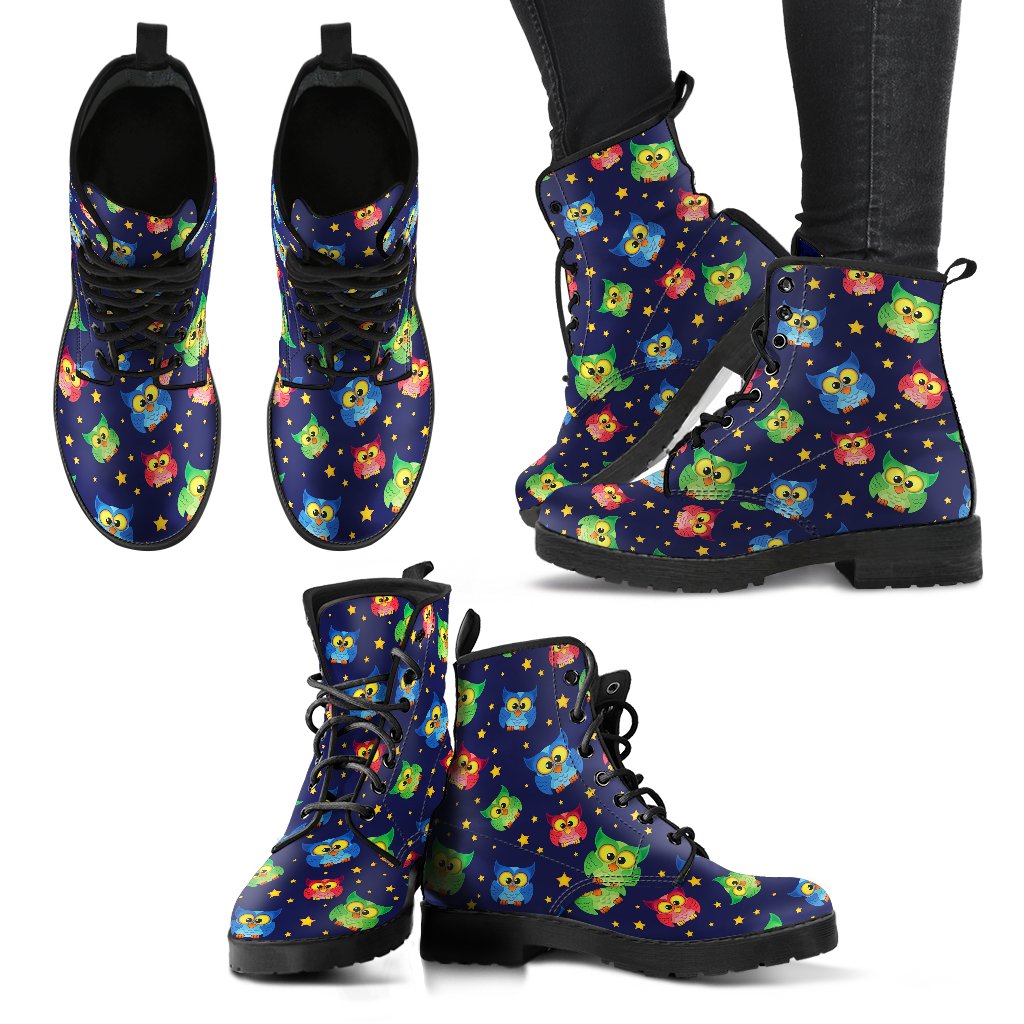 Owl with Star Themed Design Print Women Leather Boots-JTAMIGO.COM