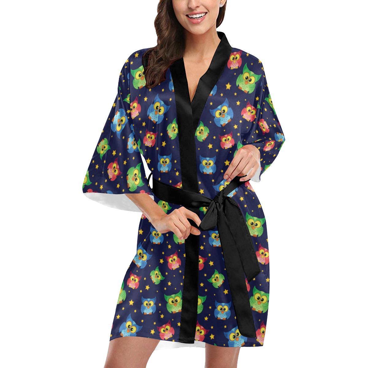 Owl with Star Themed Design Print Women Short Kimono Robe