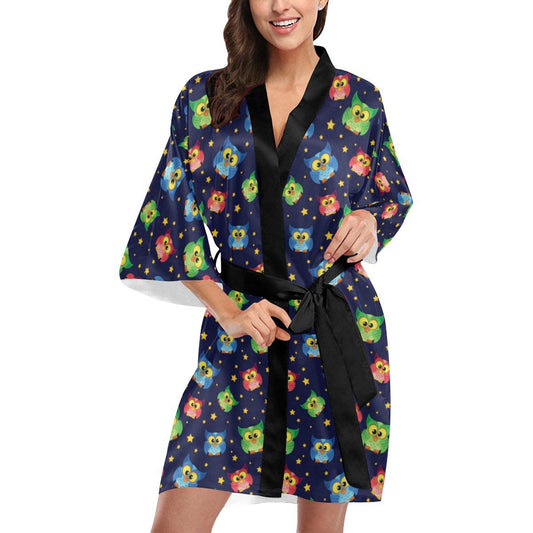 Owl with Star Themed Design Print Women Short Kimono Robe
