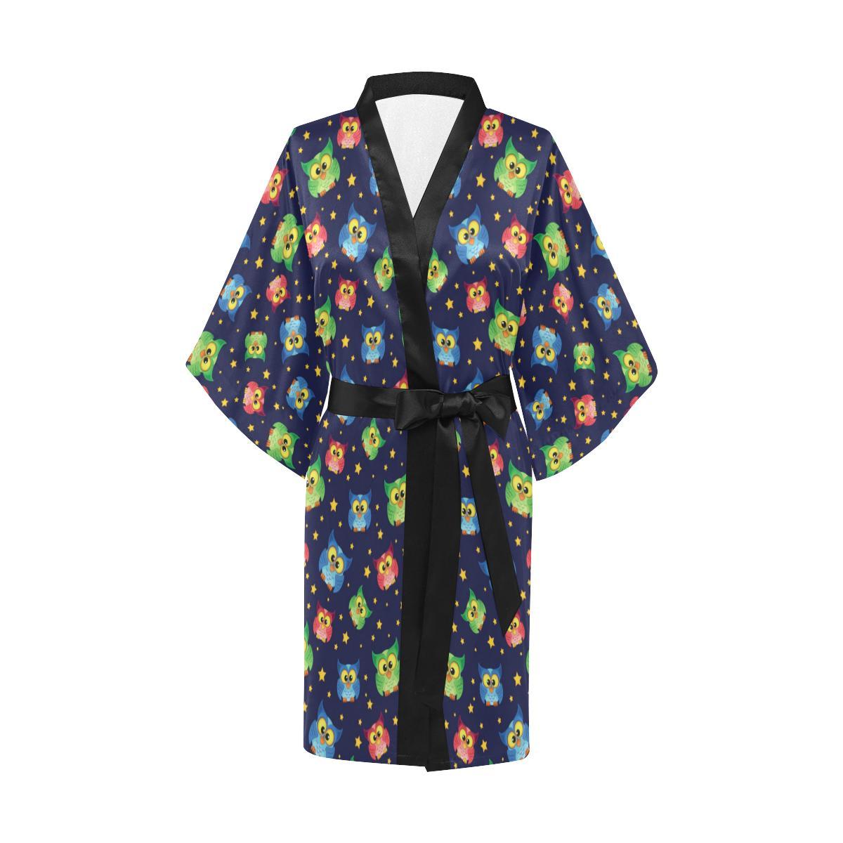 Owl with Star Themed Design Print Women Short Kimono Robe