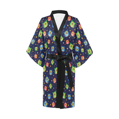 Owl with Star Themed Design Print Women Short Kimono Robe