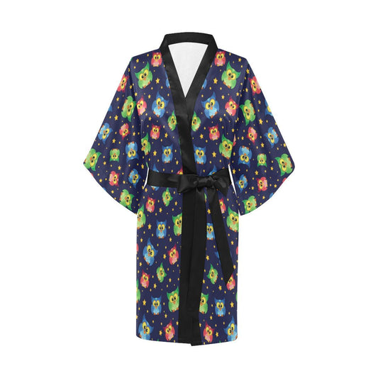 Owl with Star Themed Design Print Women Short Kimono Robe