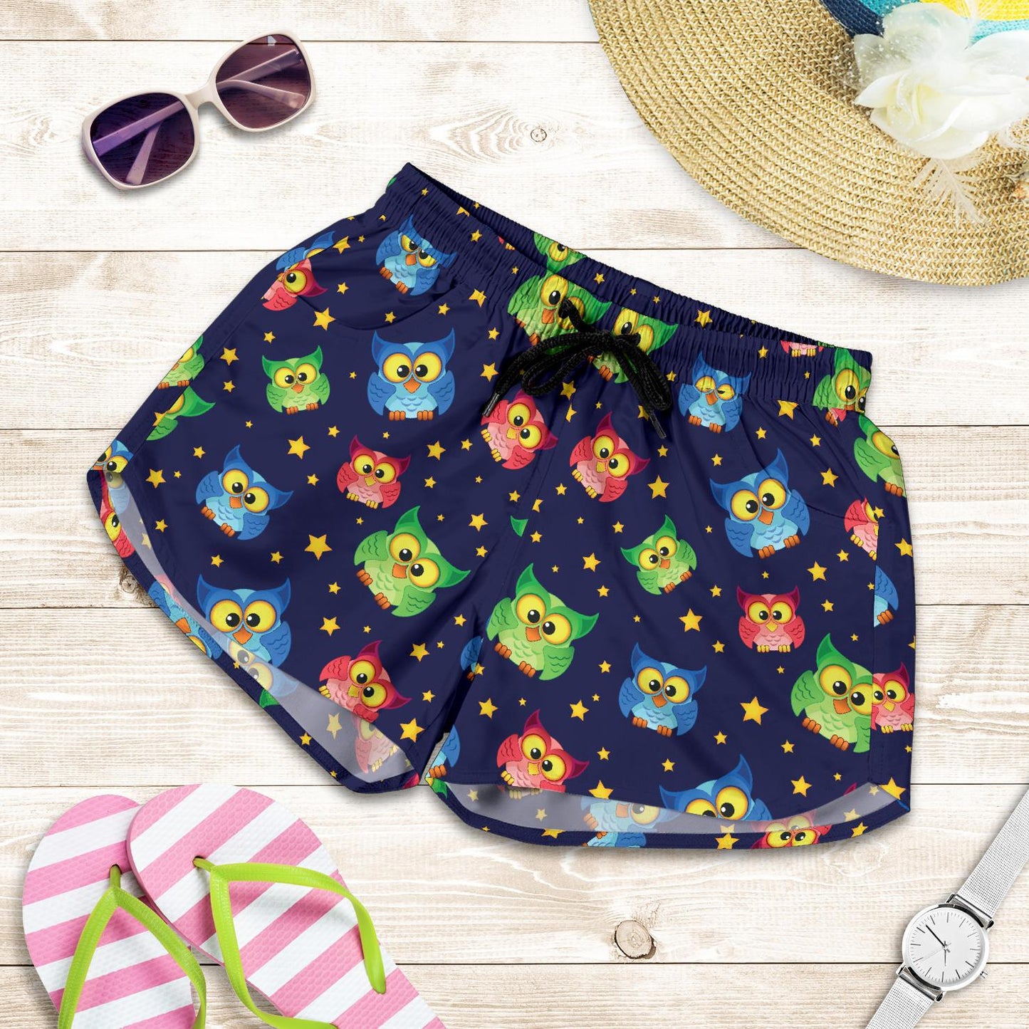 Owl with Star Themed Design Print Women Shorts-JTAMIGO.COM