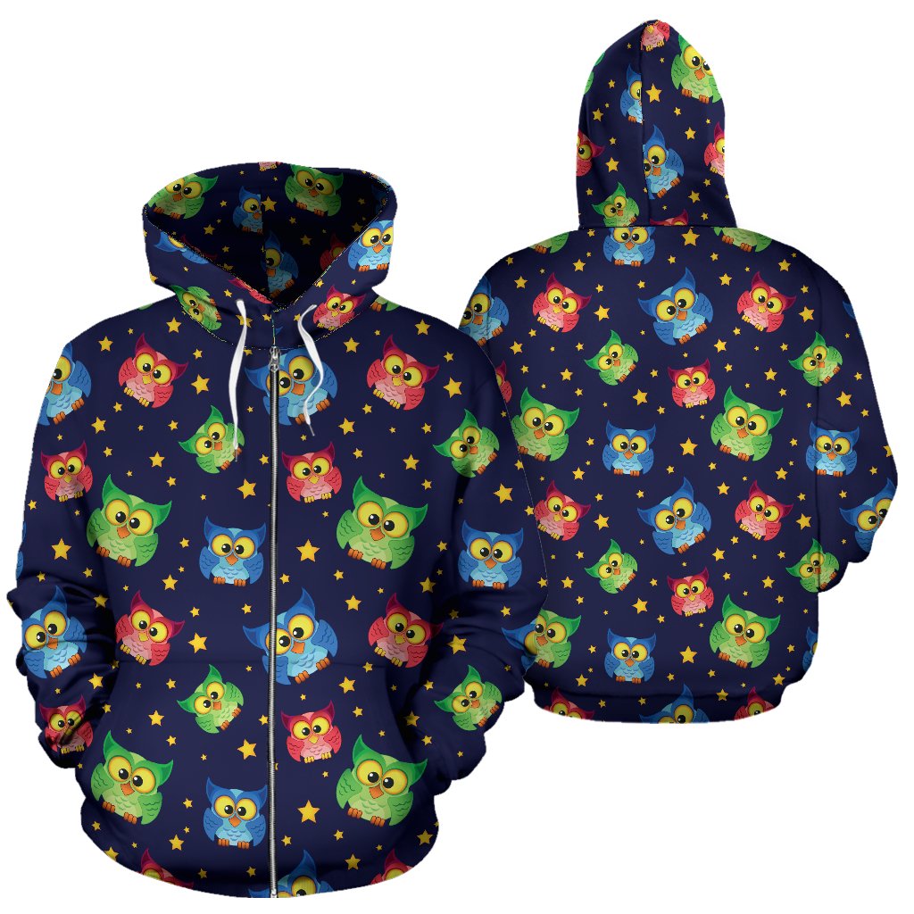 Owl with Star Themed Design Print Zip Up Hoodie