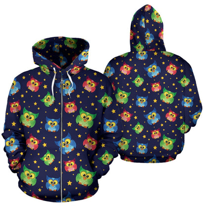 Owl with Star Themed Design Print Zip Up Hoodie