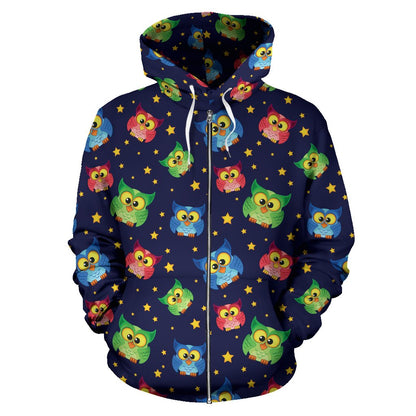 Owl with Star Themed Design Print Zip Up Hoodie