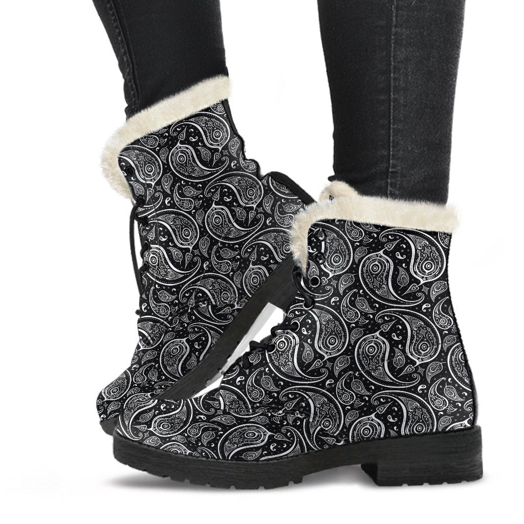 Paisley Black Design Print Faux Fur Leather Boots-JTAMIGO.COM