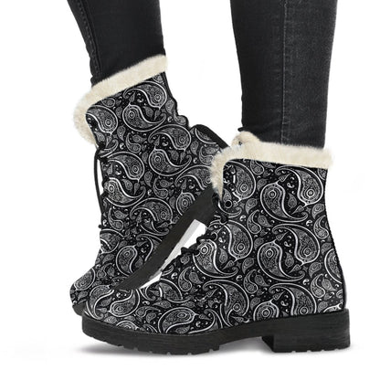 Paisley Black Design Print Faux Fur Leather Boots-JTAMIGO.COM