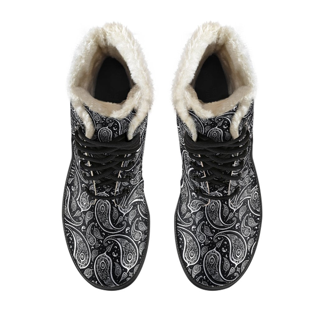Paisley Black Design Print Faux Fur Leather Boots-JTAMIGO.COM
