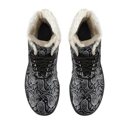 Paisley Black Design Print Faux Fur Leather Boots-JTAMIGO.COM
