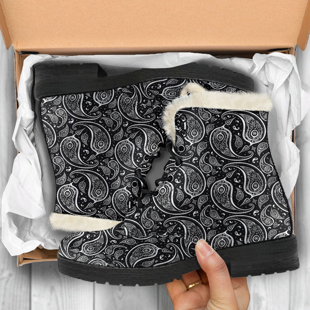 Paisley Black Design Print Faux Fur Leather Boots-JTAMIGO.COM